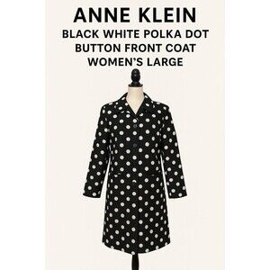 Anne Klein Vintage Polka Dot Coat Jacket Black White Duster Large Retro Chic